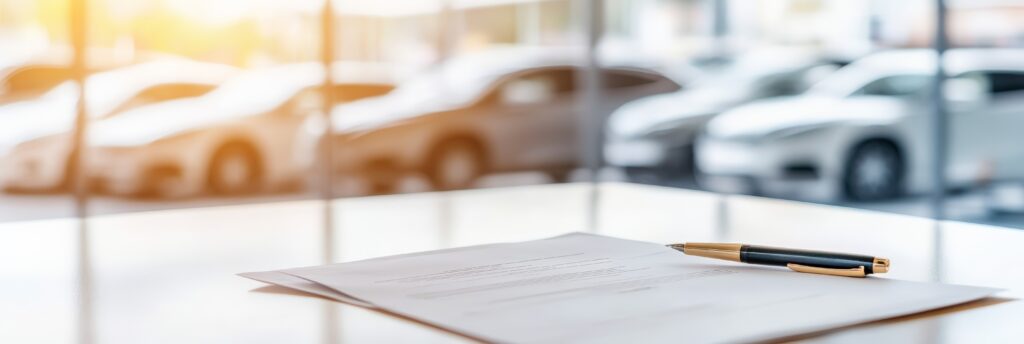 Contract and pen resting on a clean desk in a bright car dealership showroom, awaiting customer signature after selecting a new vehicle for purchase and financing