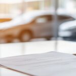 Contract and pen resting on a clean desk in a bright car dealership showroom, awaiting customer signature after selecting a new vehicle for purchase and financing