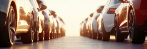 Many cars are neatly parked in rows at a dealership, gleaming under the warm glow of the setting sun, creating a sense of anticipation and choice for potential buyers