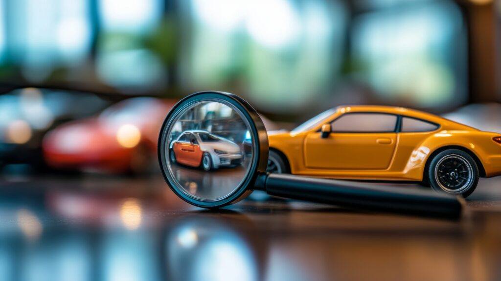 Magnifier with red car icon instead of man's head on light background with black car icons. Concept of choice